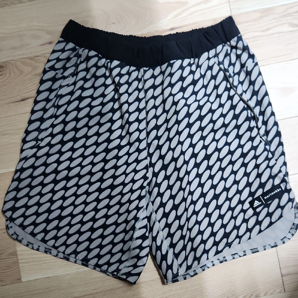 Adidas Black and White Athletic Shorts with Geometric Pattern